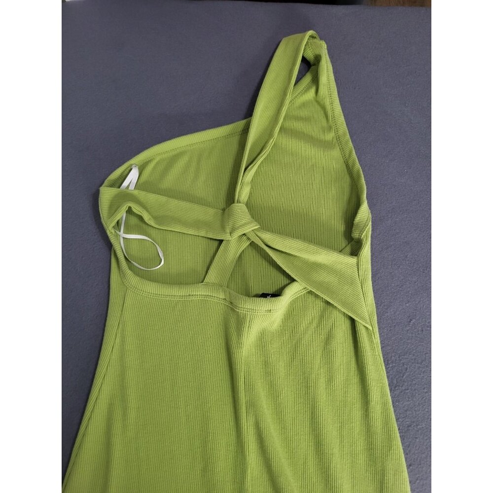 Lulus Show Stealer Lime Green One-Shoulder Asymmetrical Ribbed Maxi Dress SZ LG - Picture 4 of 10